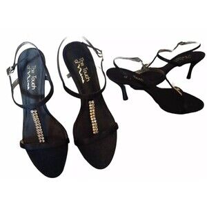 Nina Black T-Strap Sling Back Open Toe Diamond Studded Heels 9